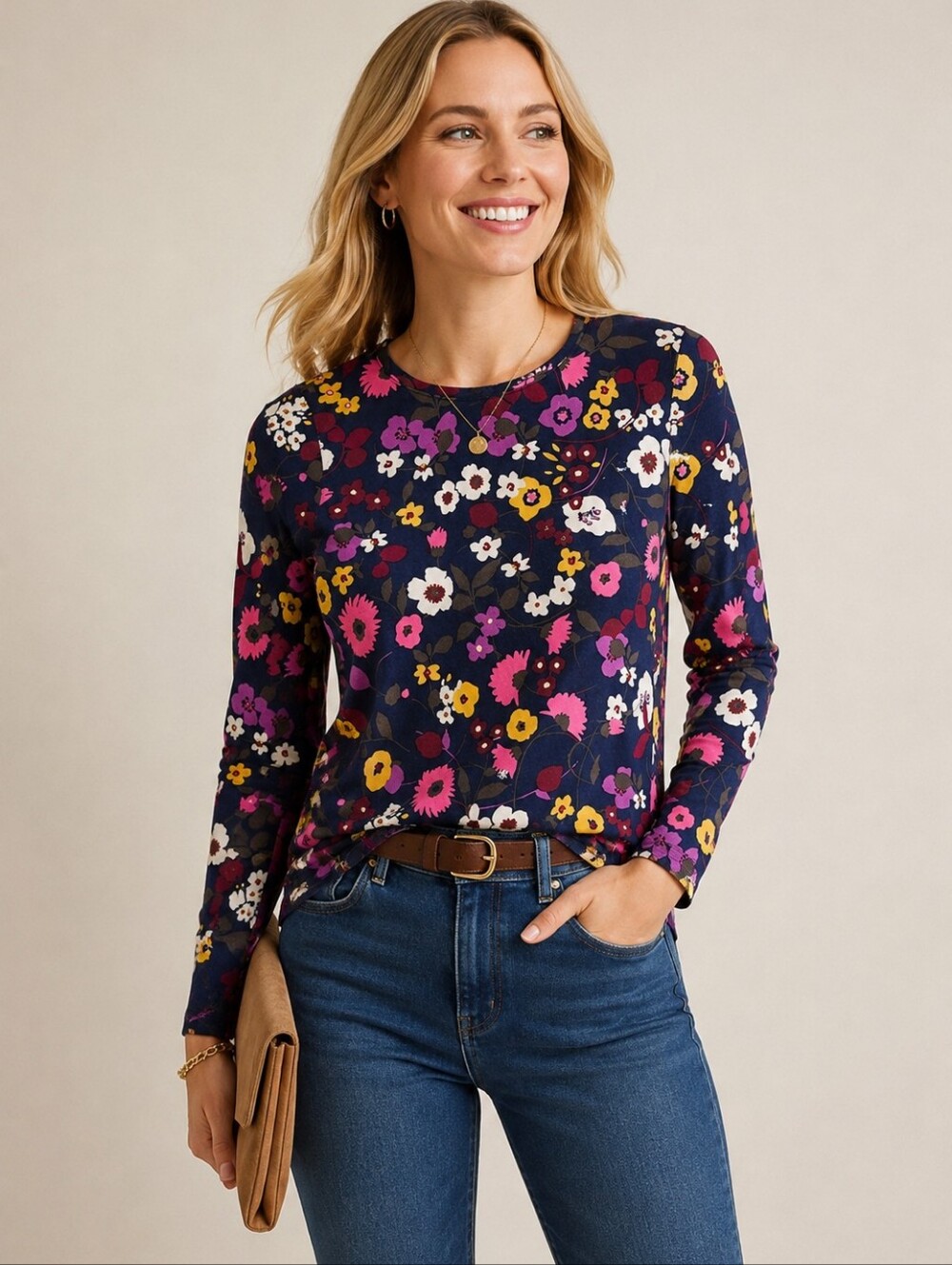 Talbots Petite Long Sleeve Cotton Crew Neck "Flower Power" Top, Size Small